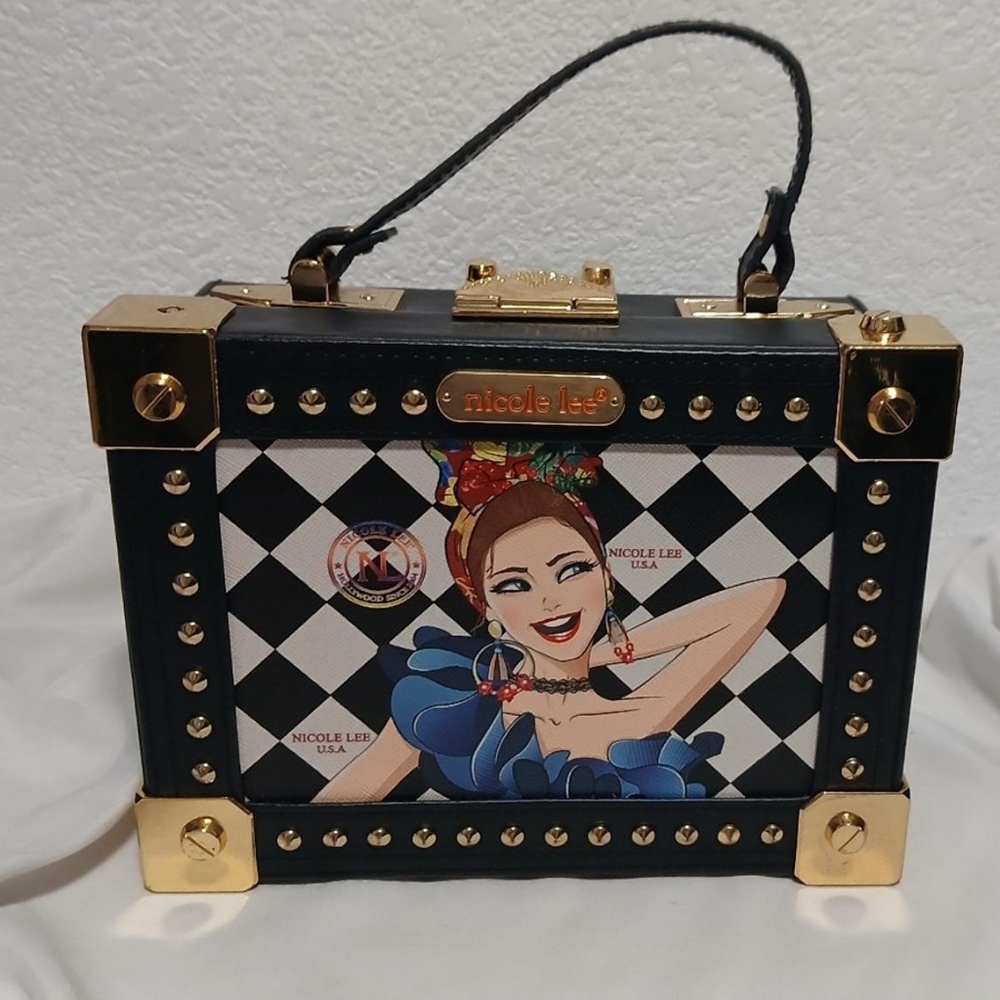 Nicole Lee Black Graphic Box Handbag with Gold Accents